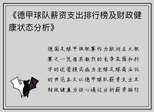 《德甲球队薪资支出排行榜及财政健康状态分析》
