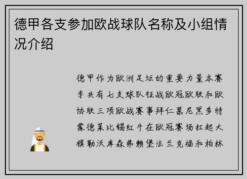 德甲各支参加欧战球队名称及小组情况介绍